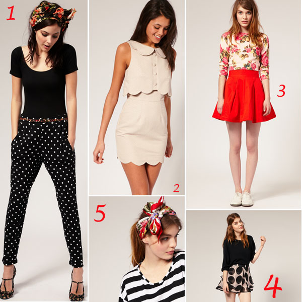 scalloped dress; polka dot pants; swingy skirts; cute red skirt; polka dot shorts; scalloped shorts; how to weara  scarf in your hair; striped tops