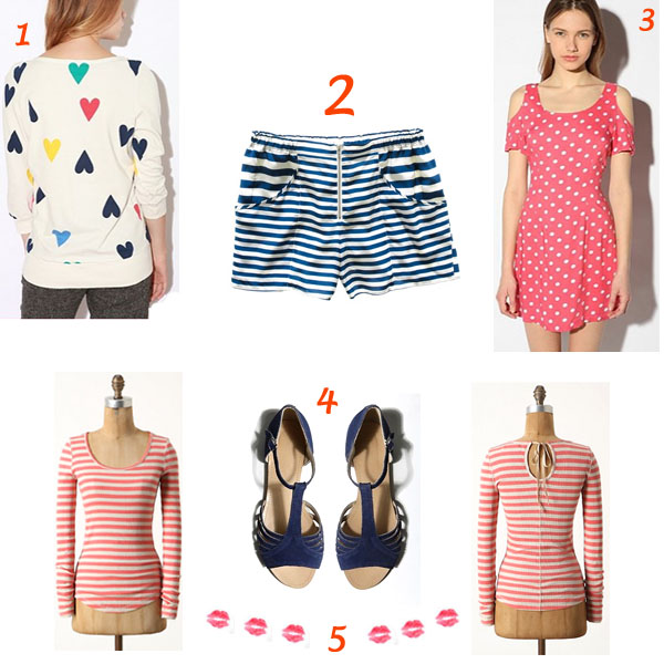 striped shorts; madewell striped shorts; hearts sweater; striped tops; polka dot dresses