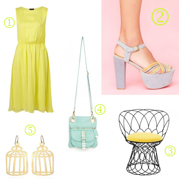summer sandals; summer heels; summer shoes; lemon yellow dress; mint green bag; bird cage earrings; birdcage jewelry