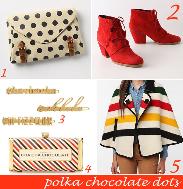 polka chocolate dots; polka dot clutch; polka dot bag; polka dot purse; red boots; red shoes; striped blanket; cute blankets; cute christmas gift ideas