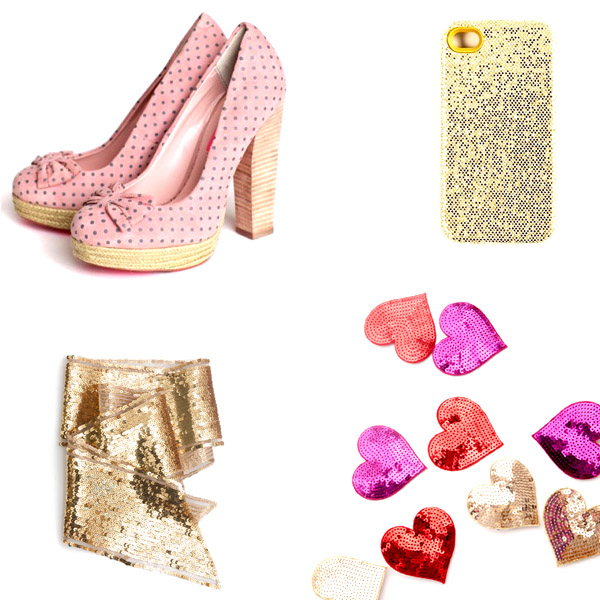 gold glitter iphone case; bando hearts; gold sequin scarf; pink heels
