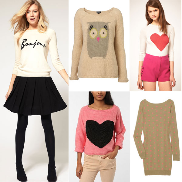 cute sweaters; heart sweaters; owl sweaters; bonjour sweaters