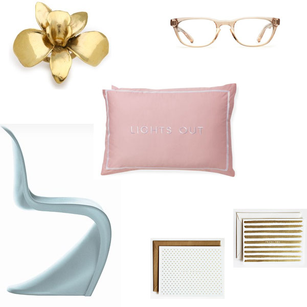 kate spade lights out pillow; orchid ring; cocktail ring; cool warby parker glasses; cool dining chairs; ghost chairs; rifle paper co. cards