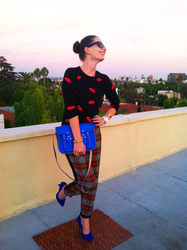 lips sweater; plaid pants; tied and true hair bands; cambridge satchel co