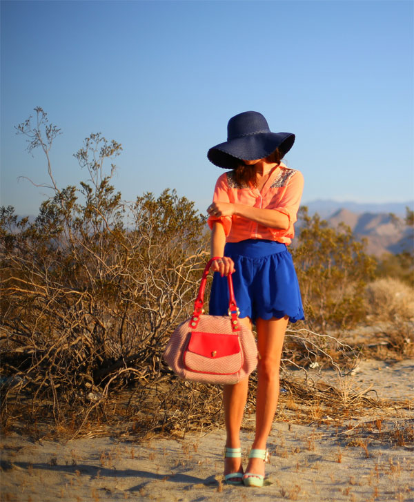 george gina lucy bag; david & young hat; shop norka blouse; shoe dazzle wedges; cute outfit inspiration for summer; cute summer bags; cute summer wedges; baby blue wedges pastel blue wedges; what to wear with scalloped shorts