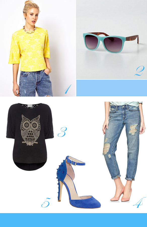 cool colored sunglasses; cute yellow tops; cool distressed jeansl affordable distressed denim
