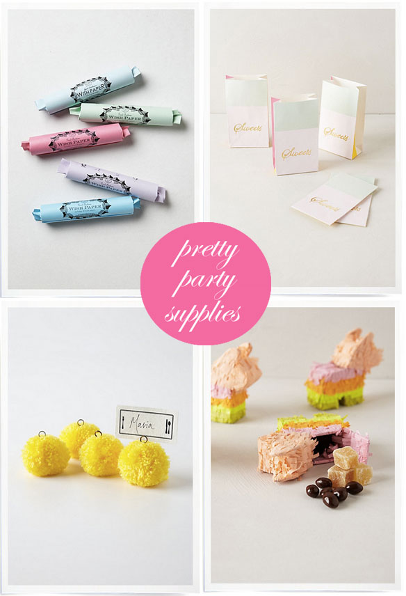 pretty party supplies; poppers; wish papers; pretty favors bags; polka dot favor bags; mini pinatas