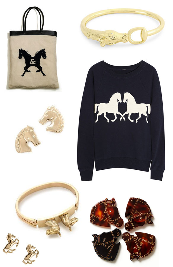 j.crew horse sweater; j.crew horse sweatshirt; horse tote bag; castor & pollux horse bag; horse bracelet; horse jewelry; horse earrings; horse cuff