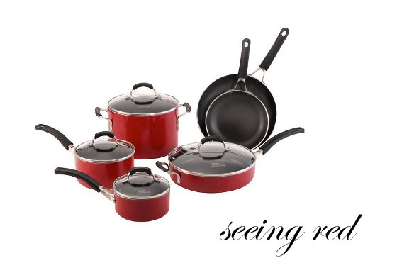 red pots and pans; affordable cookware that's cute