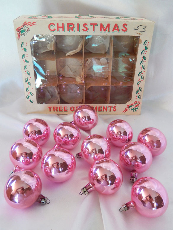 pink bulbs; pink christmas bulbs; pink christmas ornaments