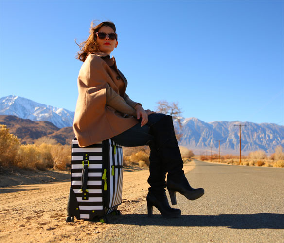 cute winter outfits; cute luggage; striped suitcase; alice and olivia suitcase; cute affordable luggage; cute winter boots; comfortable winter boots; top la bloggers; top la fashion bloggers; top los angeles bloggers; best fashion bloggers; warehouse cape; affordable fashion capes