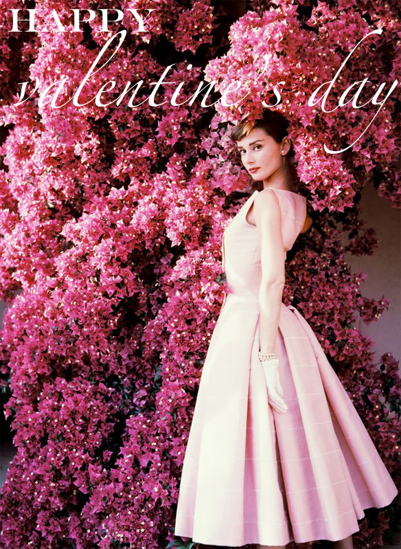 happy valentine's day audrey heburn pink dress pink flowers