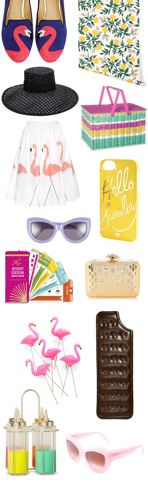 summer wishlist alice and olivia flamingo skirt; flamingo flats; flamingo shoes; flamingo heels; flmaingo driving shoes; flamingo slippers c wonder; pineapple clutch; pineapple bag; pineapple accessories; cute picnic baskets; affordable but cute picnic baskets; purple sunglasses; wildfox lavender sunglasses; mrs lilien's dessert cocktail swatchbook; fun hostess gifts; cute sunhats; kate spade sunhat; oversized sunhat; black sunhat; rifle paper co wallpaper peonies wallpaper peony wallpaper; ice cream sandwich pool float; flamingo candles