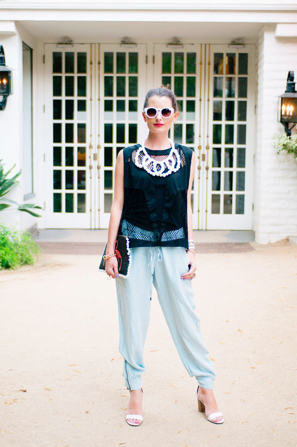robert rodriguez crochet top; white statement necklace; how to wear chambray pants