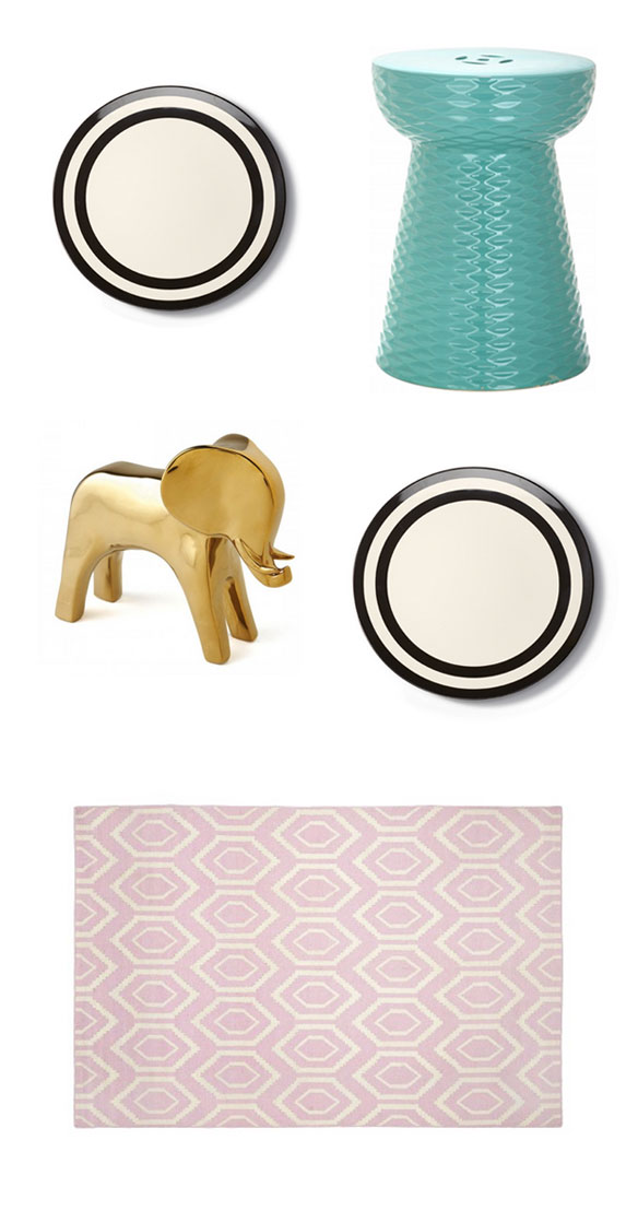 cute affordable rugs; chic pink rug; dwell studio gold elephant like on fashion police; gold elephant like on chelsea handler; gold elephant like on chelsea lately; green garden stoll pomeo garden stoll; black and white kate spade dinner plates