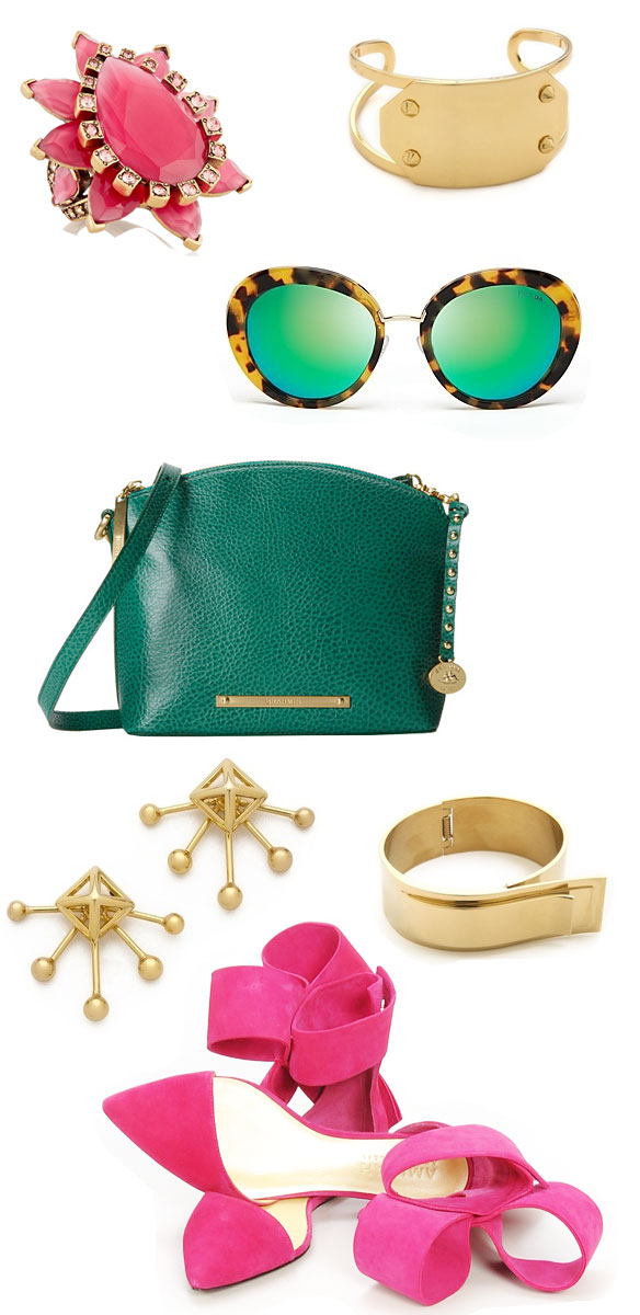 aminah abdul jillil bow heels bow flats like blaire eadie bee atlantic pacific wearsbow heels; fall accessories worth falling for; colorful fall accessories; rebecca minkoff gold jewelry; pink cocktail ring; brahmin bag emerald clutch; brhamin mini duxbury palm nepal green emerald leather bag
