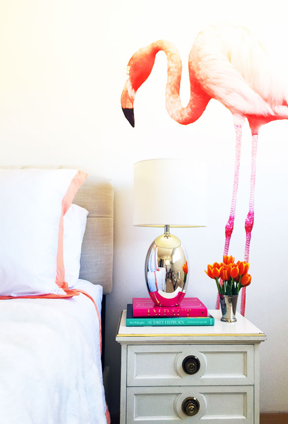 Flamingo wall decals in Kelly Golightly's bedroom 