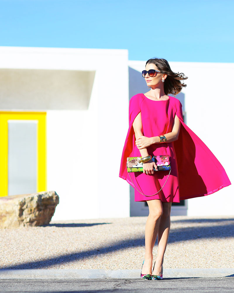 Pink Cape Dress: Be a fashion superhero this holiday season in a stunning cape dress as seen on fashion blogger Kelly Golightly. #capes #cape #trinaturk #kellygolightly