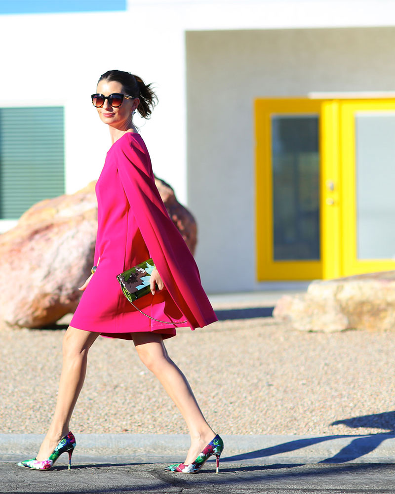 Trina Turk cape dress on Kelly Golightly in Palm Springs