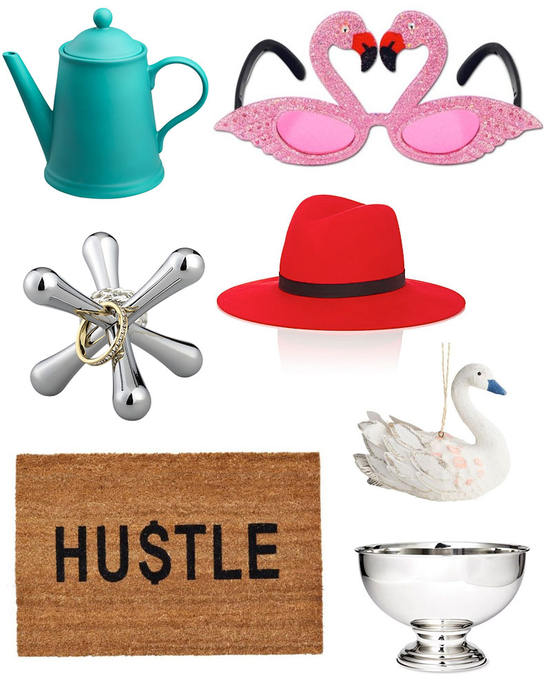 Fun Christmas Gifts: Flamingo glasses, swan ornaments, modern teapots, hustle doormats, silver wine bucket, Janessa Leone hats. #kellygolightly #giftguide #christmasgifts
