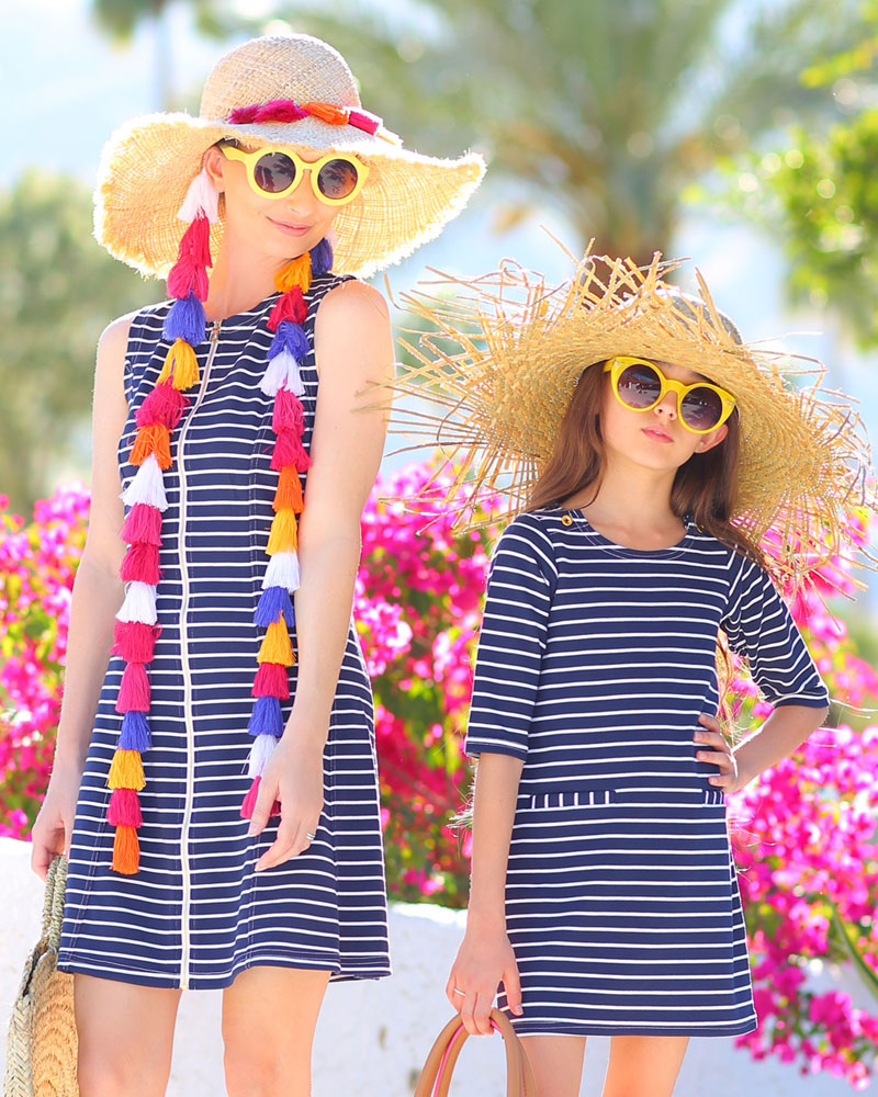 Cute Straw Hats + Striped Dresses: Fashion blogger Kelly Golightly wears #sailtosable and #katespade with Kaylee Golightly in Palm Springs.