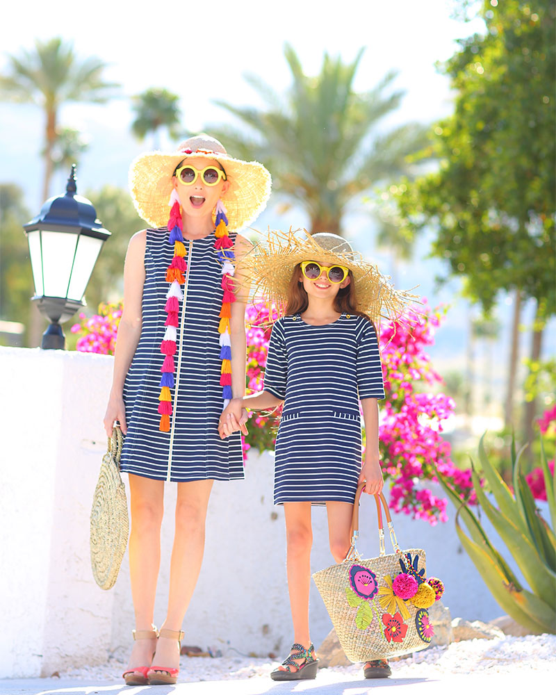 How To Wear Stripes: Fashion Blogger Kelly Golightly + Kaylee Golightly wear #SailtoSable striped dress and Kate Spade tassel hat in Palm Springs. #nationalstripesday