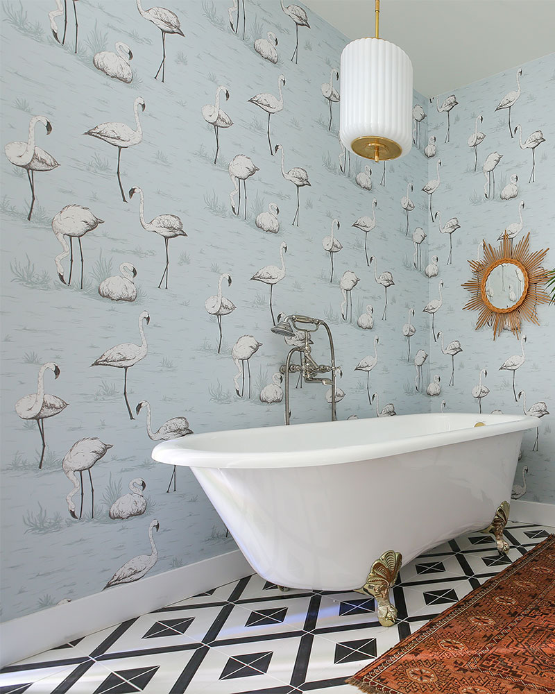 Kelly Golightly’s Bathroom | Design by: Dee Murphy for The Christopher Kennedy Compound Modernism Week Show House in Palm Springs. AlysEdwards Tile #bathroomdesign #bathroomgoals #flamingowallpaper #dreambathroom