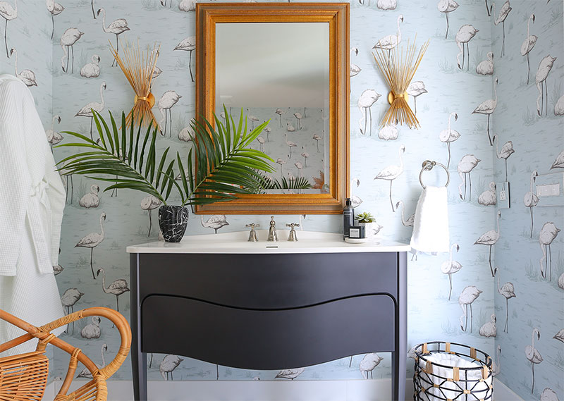 Bathroom Design Ideas | Kelly Golightly's Bathroom | Design by: Dee Murphy for The Christopher Kennedy Compound Modernism Week Show House in Palm Springs. #bathroomdesign #bathroomgoals #flamingowallpaper #dreambathroom