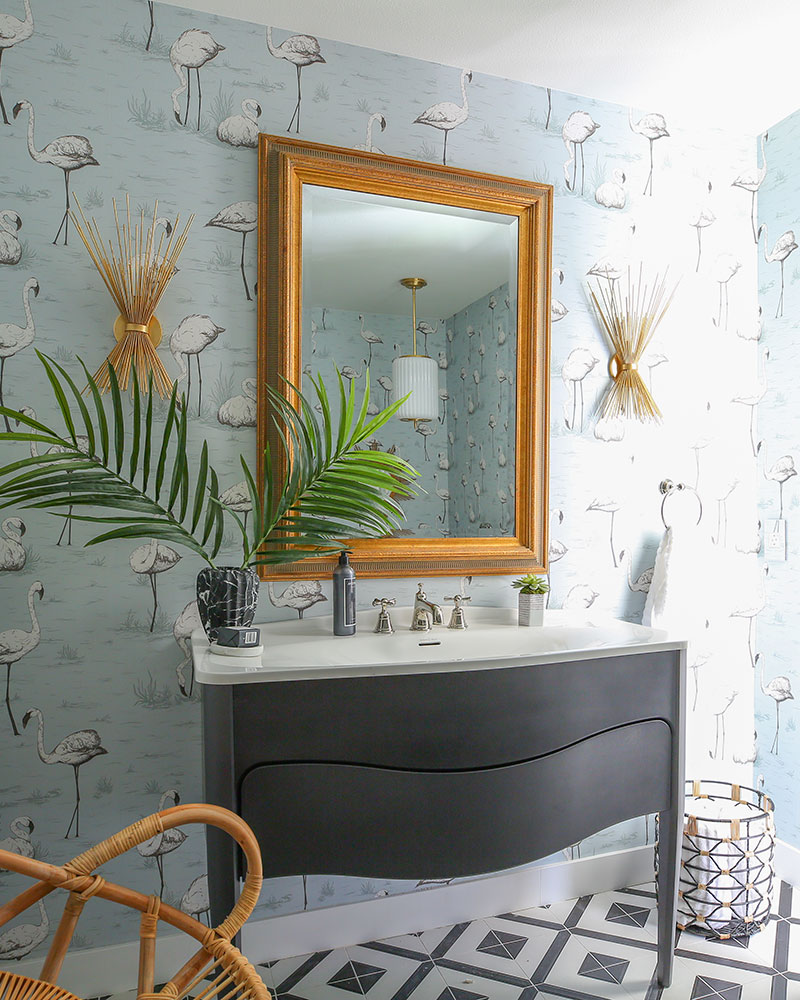 Kelly Golightly’s Bathroom | Design by: Dee Murphy for The Christopher Kennedy Compound Modernism Week Show House in Palm Springs. #bathroomdesign #bathroomgoals #flamingowallpaper #dreambathroom