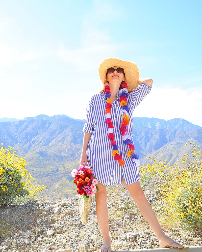 Best Hats for Summer: Fashion Blogger Kelly Golightly shows how to wear a striped shirt dress + tassel hat + round straw bag for spring & summer. #kellygolightly #nordstrom #stripes #katespade #katespadeny #roundbag #roundbags #roundstrawbag #roundstrawbags #roundtotebags #besthats #sumemerhats