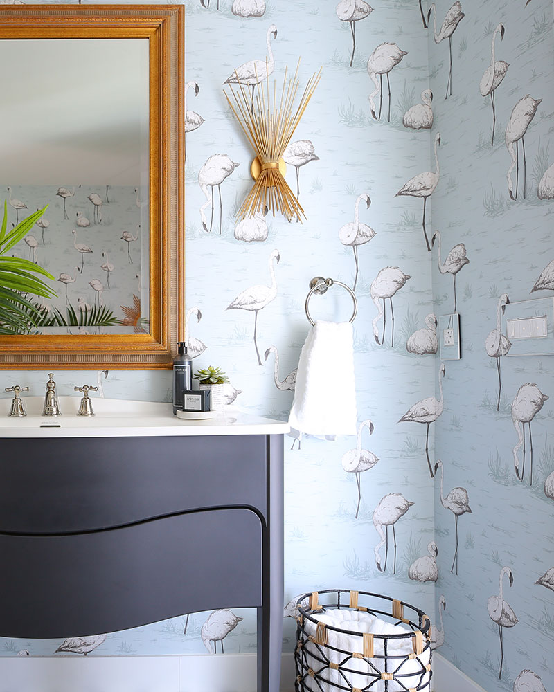 Chic Bathroom! | Kelly Golightly's Bathroom | Design by: Dee Murphy for The Christopher Kennedy Compound Modernism Week Show House in Palm Springs. #bathroomdesign #bathroomgoals #flamingowallpaper #dreambathroom