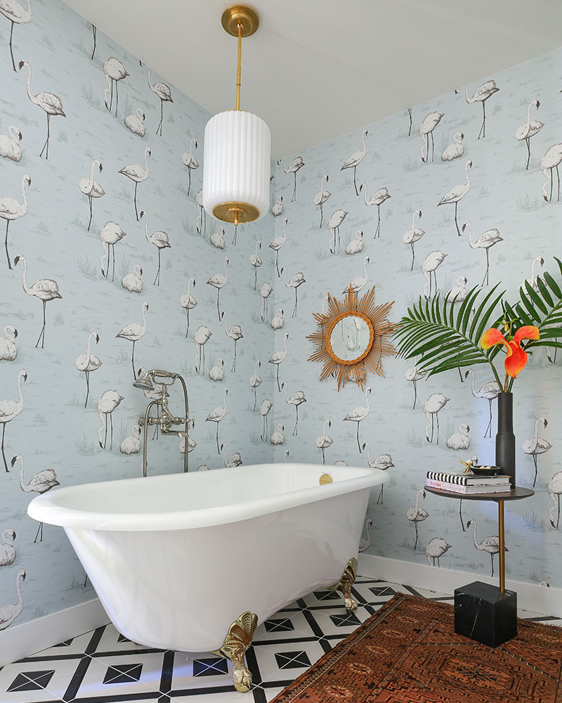 Kelly Golightly's Bathroom | Design by: Dee Murphy for The Christopher Kennedy Compound Modernism Week Show House in Palm Springs. #bathroomdesign #bathroomgoals #flamingowallpaper #dreambathroom