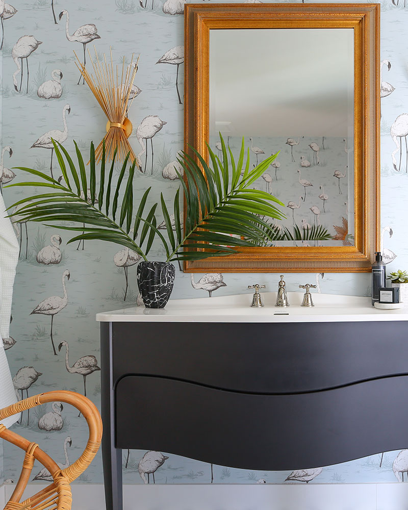 How To Style a Bathroom | Kelly Golightly's Bathroom | Design by: Dee Murphy for The Christopher Kennedy Compound Modernism Week Show House in Palm Springs. #bathroomdesign #bathroomgoals #flamingowallpaper #dreambathroom