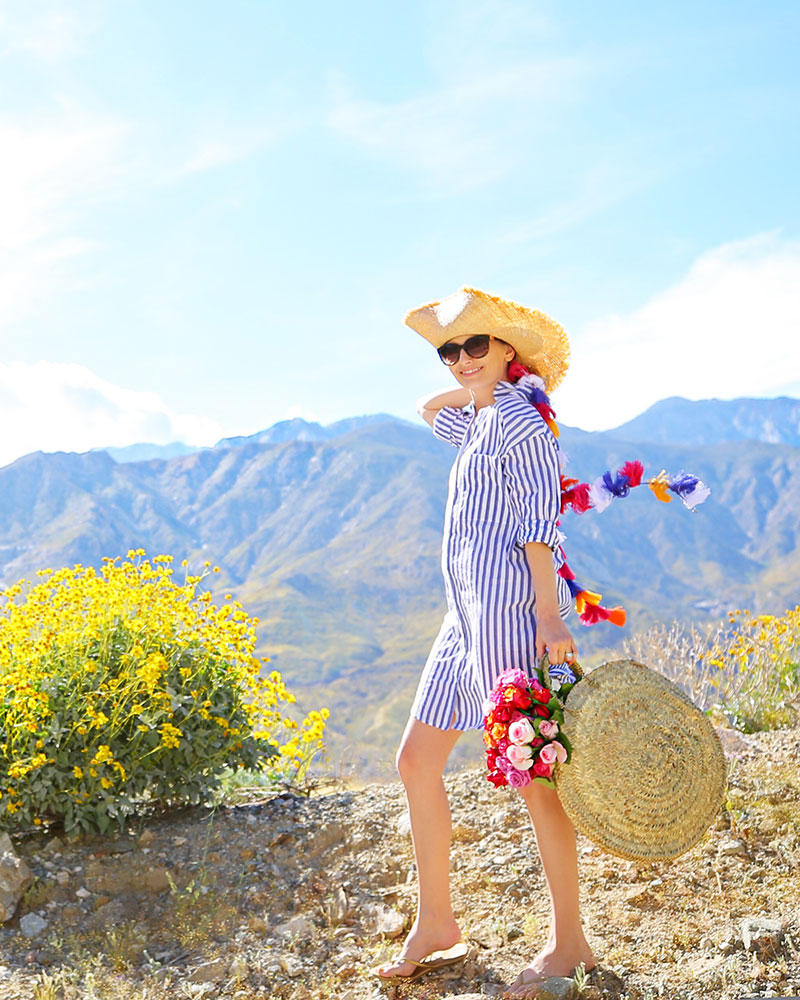 Fashion Blogger Kelly Golightly shows how to wear a striped shirt dress + tassel hat + round straw bag for spring & summer. #kellygolightly #nordstrom #stripes #katespade #katespadeny #roundbag #roundbags #roundstrawbag #roundstrawbags #roundtotebags