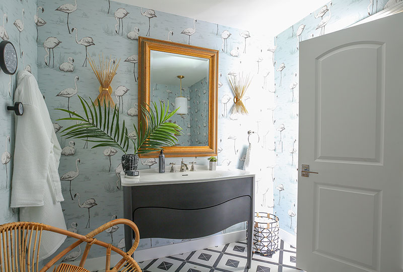 Kelly Golightly's Bathroom | Design by: Dee Murphy for The Christopher Kennedy Compound Modernism Week Show House in Palm Springs. #bathroomdesign #bathroomgoals #flamingowallpaper #dreambathroom