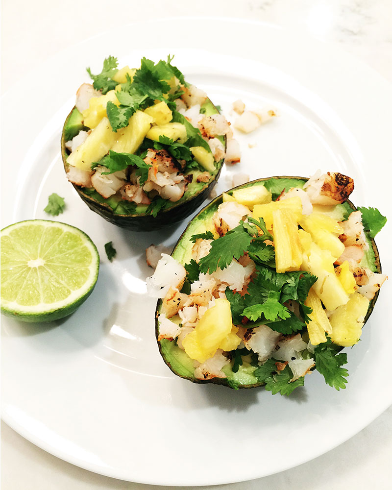 Easy Summer Dinner: Grilled Avocado Bowls with Shrimp, Pineapple, Cilantro and Lime 