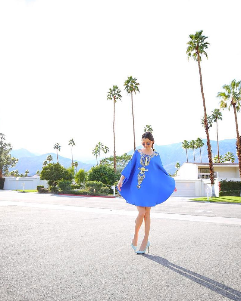 How To Wear a Caftan: Fashion blogger Kelly Golightly wears a Lilly Pulitzer caftan in Palm Springs.