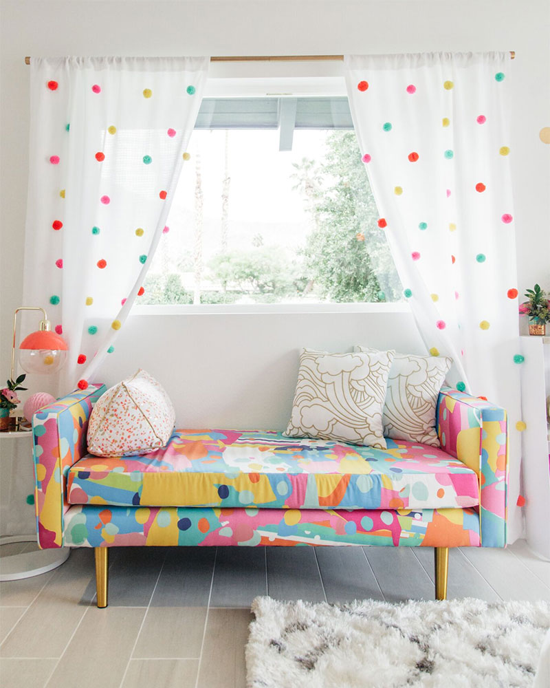 DIY Pom-Pom Curtains: Oh Joy! for Target in Kelly’s Golightly’s guest bedroom. #ohjoy #targetstyle #villagolightly #interiordesign #diy #curtains #pompoms #pompomcurtains