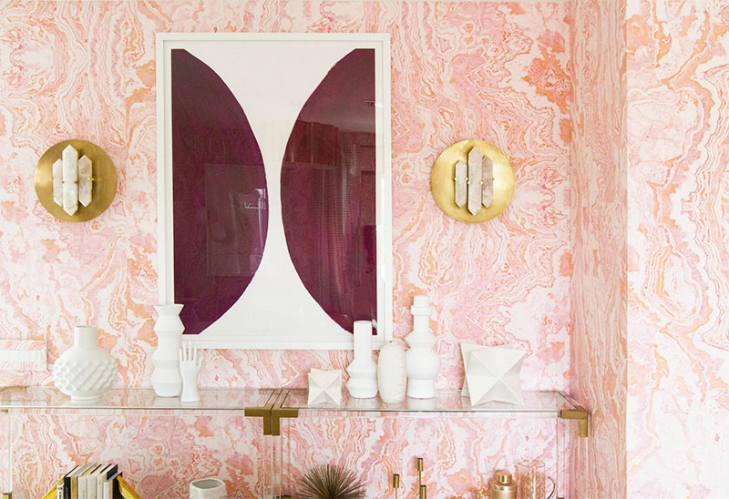 Sarah Sherman Samuel Guest Suite featuring Pink Agate wallpaper at Kelly Golightly's Palm Springs home.