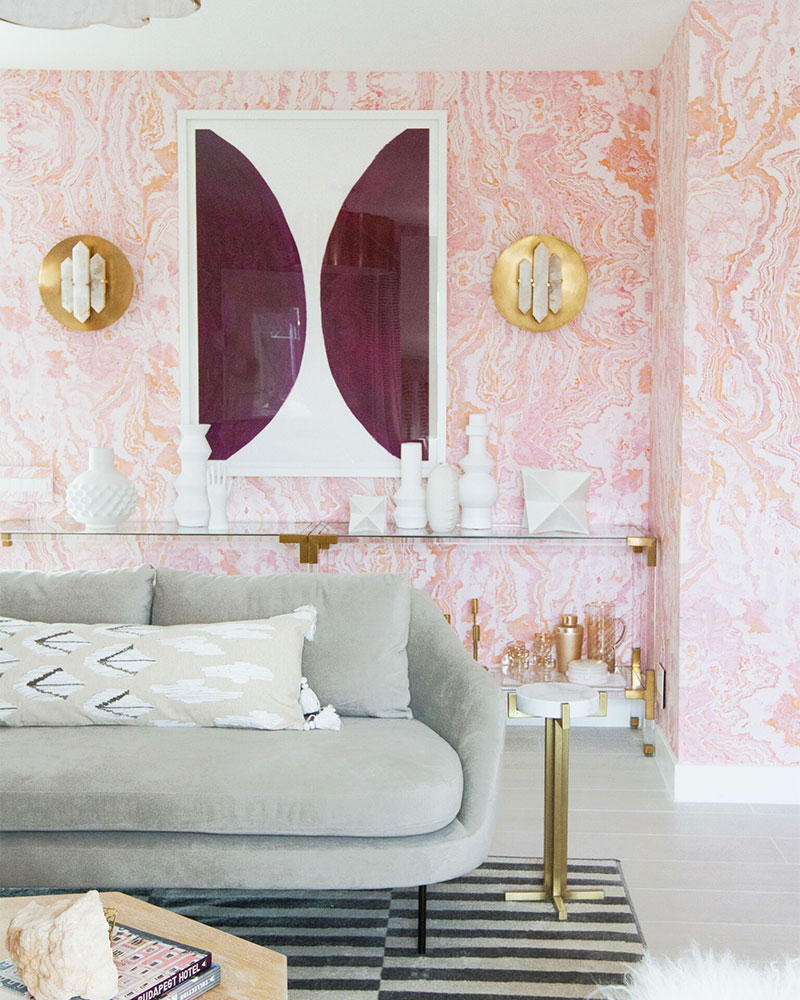 Best Shelfies: Sarah Sherman Samuel Guest Suite featuring Pink Agate wallpaper at Kelly Golightly's Palm Springs home.