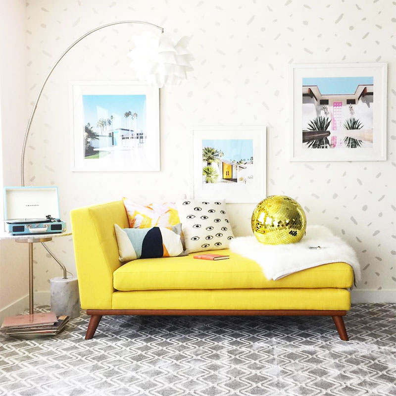 YELLOW! A Comfy Yet Stylish Living Room #palmspringsstyle #palmsprings #interiordesign #kellygolightly