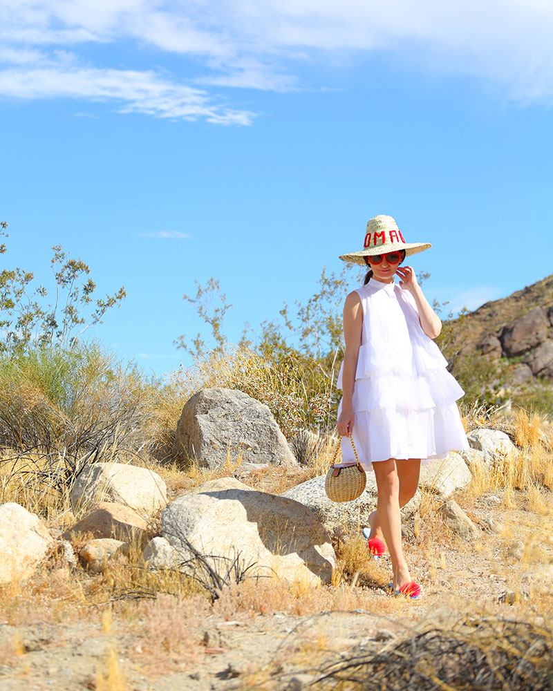 White Ruffly Dress #kellygolightly #summerhats #strawhats #nomad #strawbags #wickerbags #francesvalentine