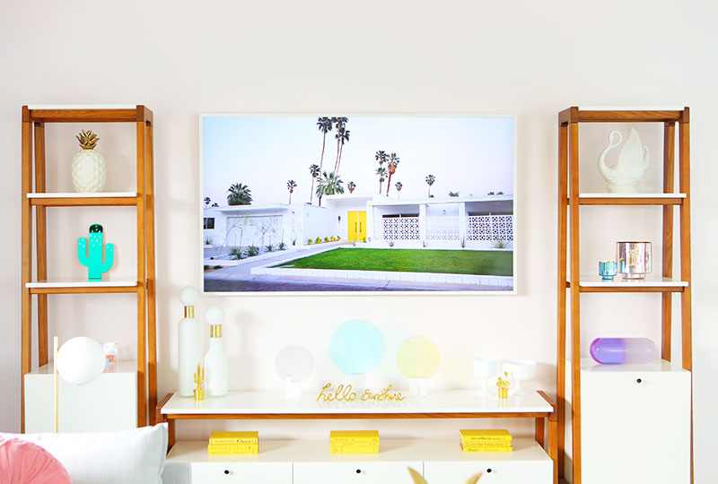 How To Decorate Around a TV? Hint: Use the most gorgeous modern-looking white TV that looks like art! See more on the blog. #kellygolightly #bestflatscreentv