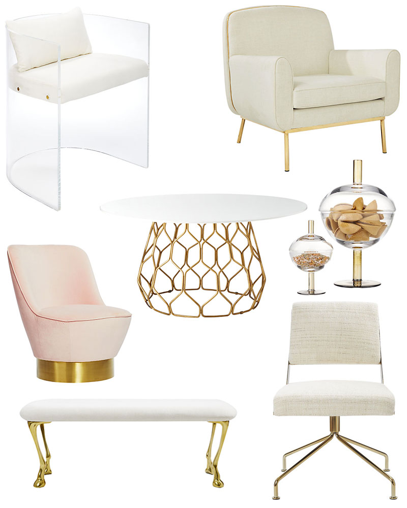 Love this blush pink chair! Also white and gold goodness galore. See more on the blog!