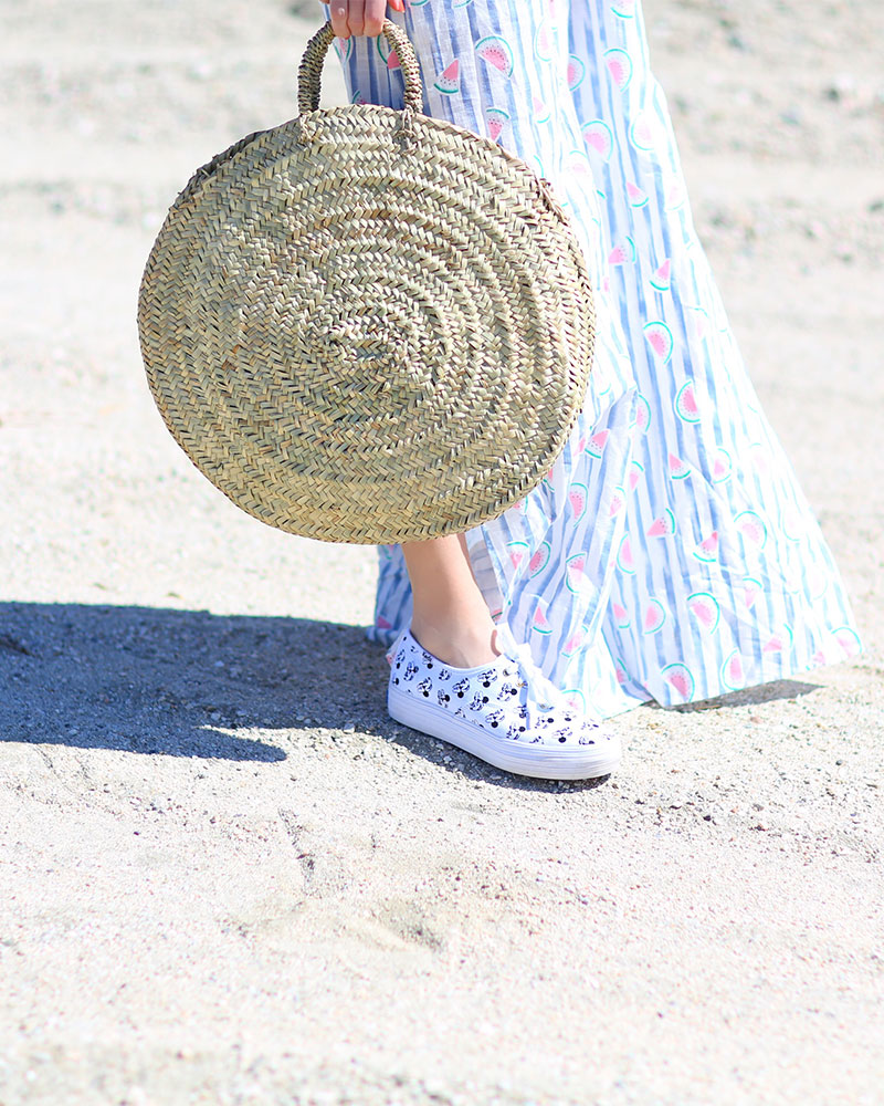 How To Wear a Watermelon Print Dress: Add Minnie Mouse Keds + a Round Straw Bag like Kelly Golightly in Palm Springs, California.