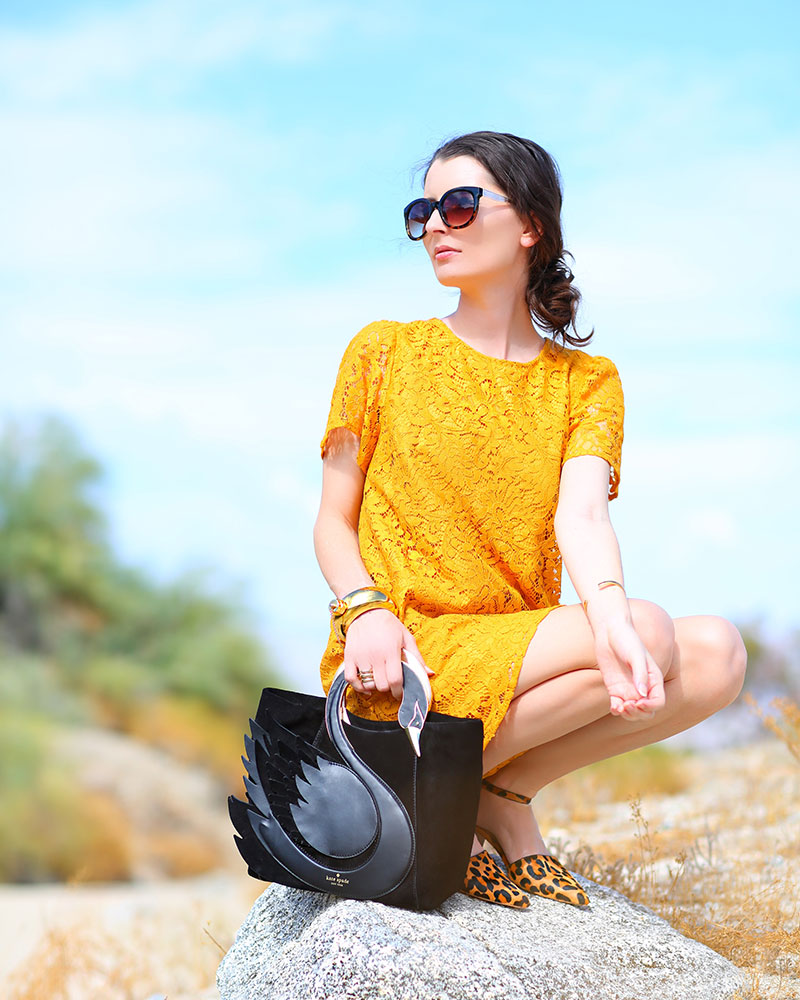 Colorful Fashion Blogger Kelly Golightly wears Marigold/Ochre Dress in Palm Springs.
