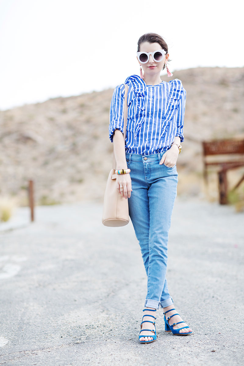 How to wear a ruffled blue-and-white striped top + nude leather bag! #kellygolightly #jcrew #cuyana