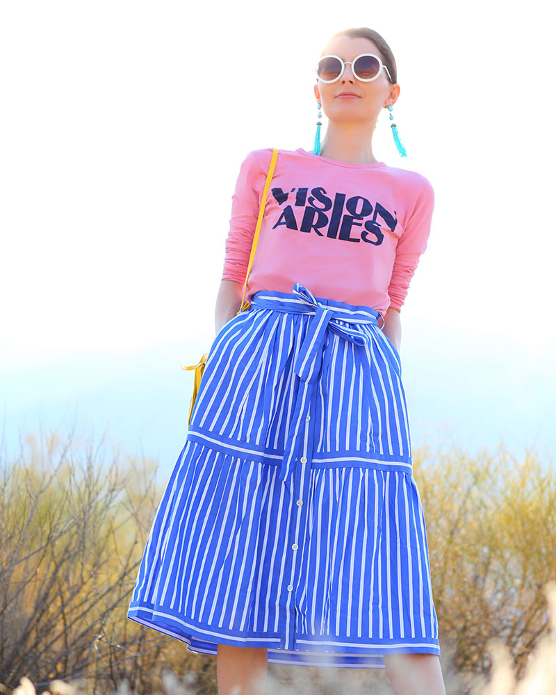 What to Buy at the J.Crew 30% off Sale Today! Colorful fashion blogger Kelly Golightly wearing cute Feiyue sneakers + pink shirt paired with blue-and-white striped skirt + lemon bag. #kellygolightly #jcrew #feiyue #stripes
