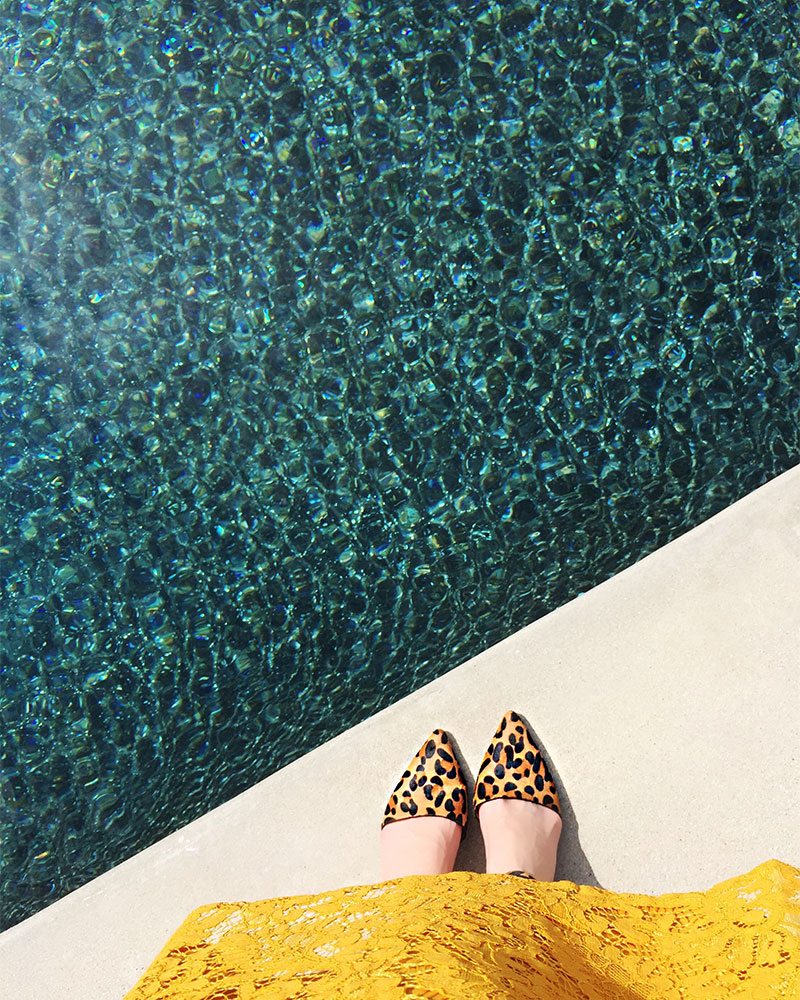 Colorful Fashion Blogger Kelly Golightly wears Marigold/Ochre Dress + Leopard Shoes in Palm Springs.
