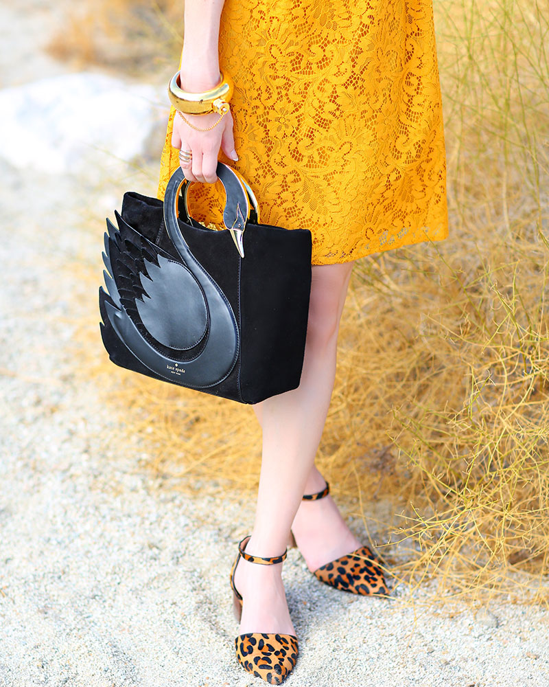 Colorful Fashion Blogger Kelly Golightly wears Marigold/Ochre Dress + Leopard Flats in Palm Springs.